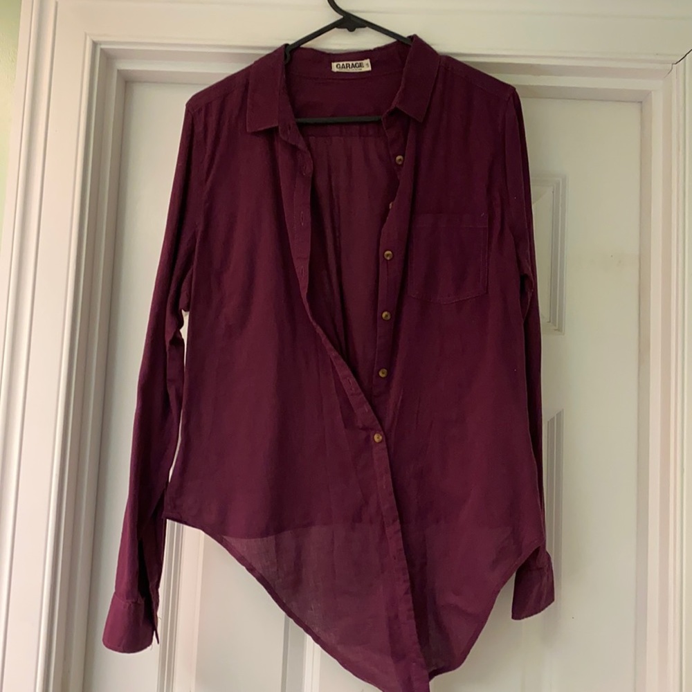 Maroon button up shirt with tie bottom